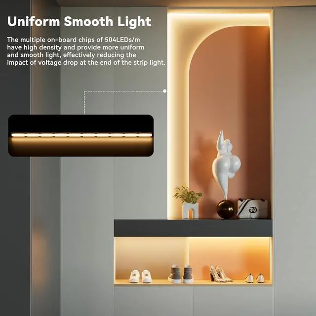 Alt view image 7 of 7 - COB LED Strip Light 3780LEDs Super Bright 8000 Lumen 3000K Warm White 24ft/7.5m Dimmable 24V LED Tape Light with 3M Tape RF Remote with Timer Function 48W Adapter for Bedroom Home Kitchen DIY