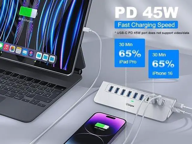 Alt view image 4 of 7 - Powered USB Hub 10Gbps 9-Port USB 3.2 Hub USB C Hub with USB A/USB C 3.2 4 USB 3.0 2 PD 45W Charging Ports 65W Power Adapter and 3.3FT Cable Aluminum USB Hub for PC Laptop iPhone 17/16/15