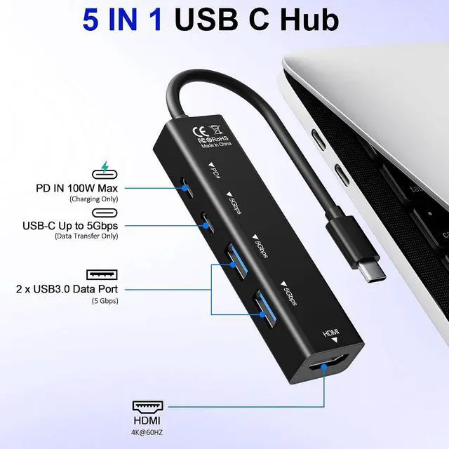 Alt view image 2 of 7 - USB C Hub 5 in 1 USBC to HDMI Adapter with 4K@60Hz 100W Power Delivery USB-C 5Gbps 2 × USB-A 3.0 5Gbps USBC Splitter Docking Station for MacBook iPad Pro iPhone 17/16 Windows