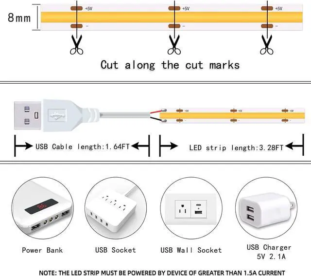 Alt view image 4 of 7 - Short LED Strip Lights 5V USB COB 6500K Bright White (3.28FT/3Pack) | 5W Small Not Dimmable Indoor Bedroom Kitchen DIY Home Decor Display Cabinet TV Lighting Light Strips