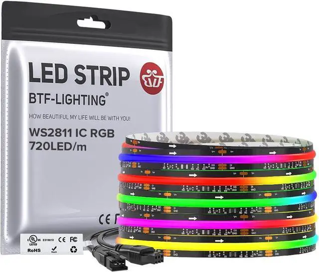Main image of WS2811 Smart IC RGB FCOB COB LED Strip UL Listed 720LEDs/m High Density Color Chasing Uniform Light DC12V 16.4FT 12mm Width Black PCB for Home Party DIY Decor(No Adapter or Controller)