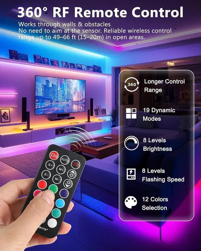 Alt view image 3 of 7 - LED Strip Lights Small LED Light Strips Dimmable RGB 5050 Color Changing LED Tape Light with Remote and UL-Listed Adapter for TV Backlight Bedroom Cabinet Shelf Display