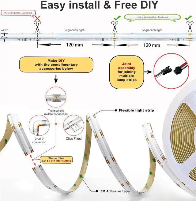Alt view image 3 of 7 - RGBW COB LED Strip Light Kit 16.5ft Color Changing Multicolor Neutral White Cuttable Adhesive Lights Strip ETL Listed for Bedroom Party Decoration with Remote & APP Control (AC/DC Adapter Included)