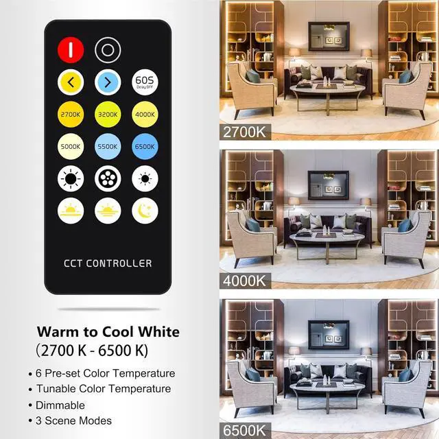 Alt view image 2 of 6 - CCT COB LED Strip Lights 9.8ft Dimmable 2700K-6500K 24V Tunable White LED Light Strip Kit High Density CRI 90+ LED Strips with Remote Controller and Power Supply for Bedroom Kitchen Home Lighting