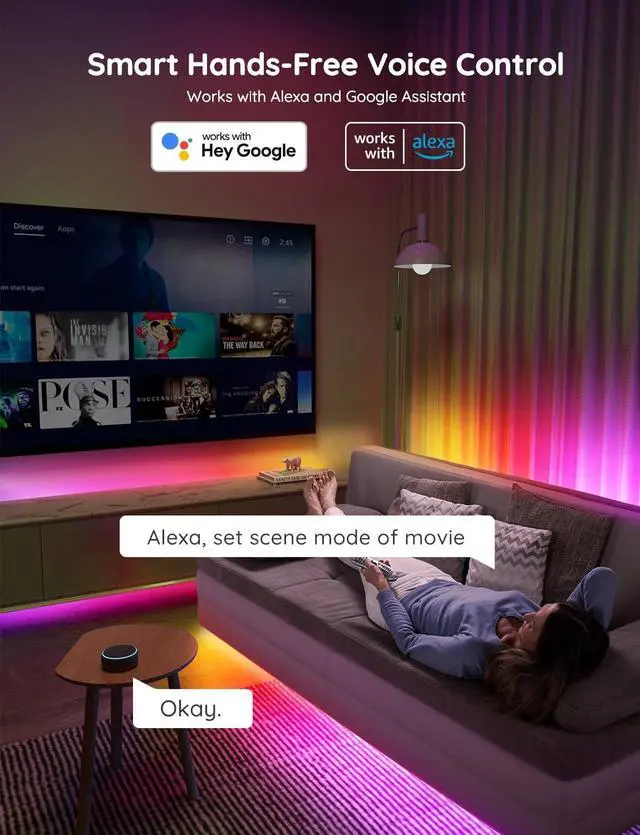 Alt view image 4 of 6 - 65.6 feet RGBIC LED Strip Lights for Bedroom Smart Strip Lights Alexa Compatible Color Changing LED Lights Home Decor 2 Rolls of 32.8 feet