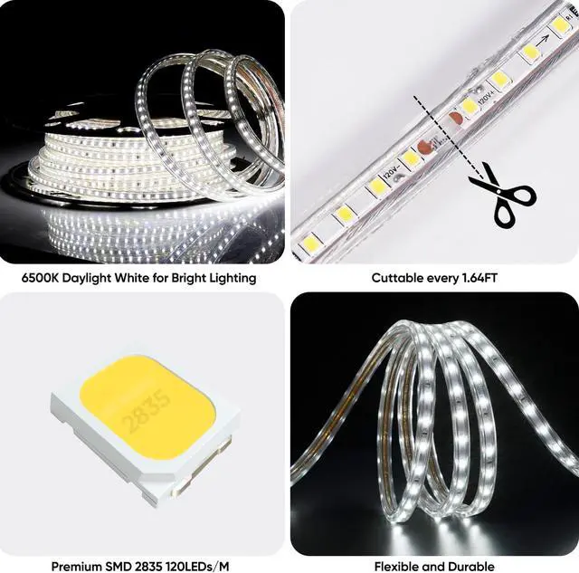 Alt view image 4 of 6 - LED Strip Light 50FT 120VAC Super Bright 6337 Lumens Dimmable IP65 Waterproof for Outdoor Indoor 6500K Cool White Every 1.6ft Cuttable Proselect Lighting Strip 6x10mm ETL Listed