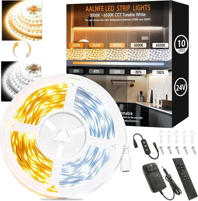 Main image of 10 Ft LED Strip Lights 24V Dual White & Warm White LED Strip Light Kit Tunable 3000K-6000K with Dimming & Color Temperature Adjustment for Bedroom Mirror Home Lighting