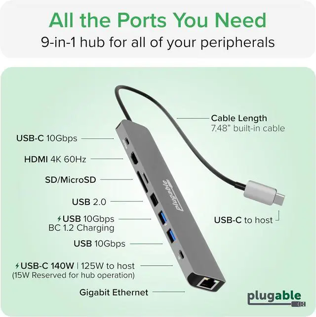 Alt view image 3 of 7 - USB C Hub Multiport Adapter: 9-in-1 with 140W PD Charging 4K 60Hz HDMI 10Gbps Data Transfer Gigabit Ethernet SD for USBC USB4 Thunderbolt MacBook Windows Chromebook (USBC-9IN1E)