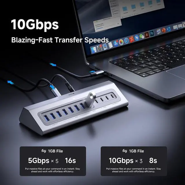 Alt view image 5 of 7 - Powered USB Hub 15 in 1 USB 3.2 Hub USB C Hub with PD 100W USB C 45W Charge 10Gbps Data 8 USB A 65W Power Adapter 3.3FT Cable Aluminum USB Hub for PC Laptop Mac Mac mini iMac iPad