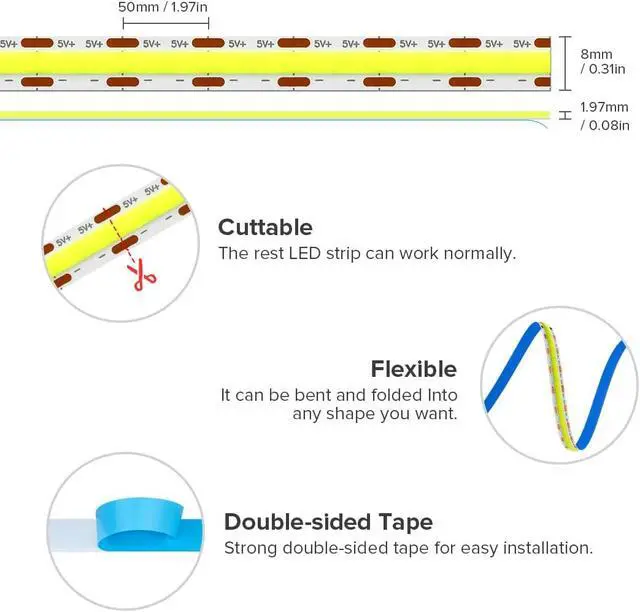 Alt view image 5 of 6 - 6.56FT/2M 5V USB LED Light Strip Green Flexible High Density COB Strips 640LEDs 8mm LED Tape for Under Cabinet Bedroom No Controller and Power