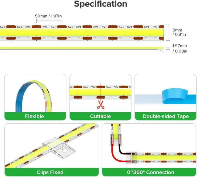Alt view image 4 of 6 - 6.56FT/2M 5V USB LED Light Strip Green Flexible High Density COB Strips 640LEDs 8mm LED Tape for Under Cabinet Bedroom No Controller and Power