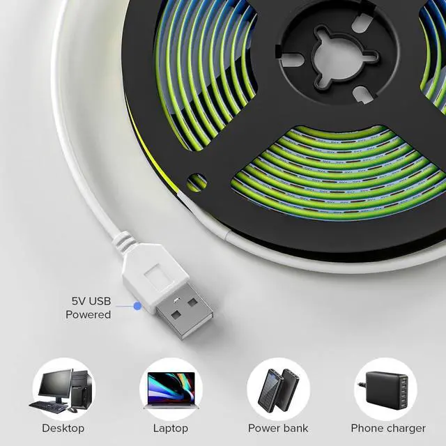 Alt view image 2 of 6 - 6.56FT/2M 5V USB LED Light Strip Green Flexible High Density COB Strips 640LEDs 8mm LED Tape for Under Cabinet Bedroom No Controller and Power