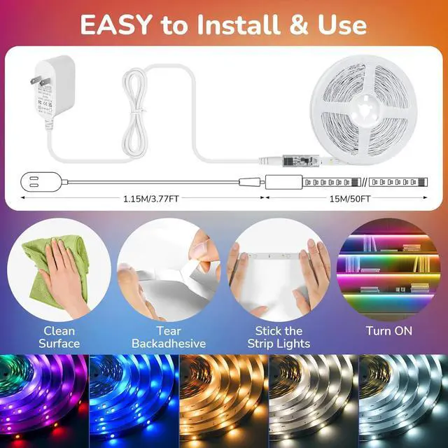 Alt view image 3 of 7 - 50Ft RGBWW+IC LED Strip Lights Dimmable Multi-Colored+3000K-6500K LED Lights with Remote Self-Adhesive Color Changing RGB Tape Lights 24V Cuttable DIY Light Strip for Home Bedroom Stair-50Ft