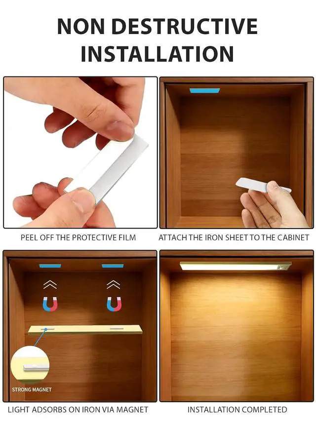 Alt view image 3 of 6 - Luimos Magnetic Adhesive Strip for Under Cabinet Lights 12PCS Iron Sheets + 4PCS Magnet Strips No Tools 1-Min Installation Universal for All Magnetic Cabinet Lights
