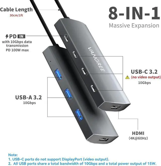 Alt view image 2 of 7 - USB C Hub 3 USB 3.2 Gen 2 Ports with 10Gbps 4K@60Hz HDMI 100W Power Delivery 3 USB-A 3.2 Ports USB C Splitter Multiport Adapter Extender for MacBook Pro/Air iPad Pro Mac mini and More