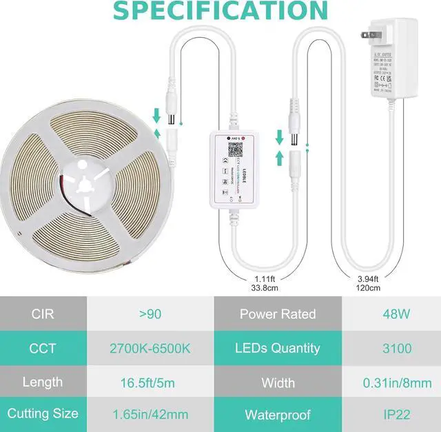 Alt view image 7 of 7 - COB LED Strip Light White 16.4ft Dimmable 2700K-6500K High Density 24V Flexible LED Tape Light with Remote and APP Control White led Strip Lights for Bedroom Kitchen Christmas Decor
