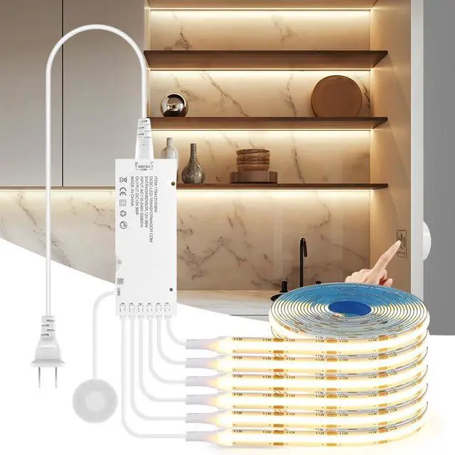 Main image of 12V COB LED Cabinet Lights Strip 6 x 3.3ft Touch Dimmable 3000K Warm White Lighting for Parallel Wood Slat Wall Panels Display Cabinets Wardrobes Showcases Shelves