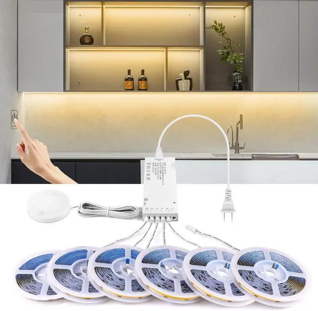 Alt view image 2 of 7 - 12V COB LED Cabinet Lights Strip 6 x 3.3ft Touch Dimmable 3000K Warm White Lighting for Parallel Wood Slat Wall Panels Display Cabinets Wardrobes Showcases Shelves