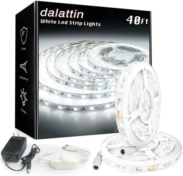 Main image of White LED Strip Lights 40ft Dimmable LED Light Strip 6500K Bright Daylight White 24V 720 LEDs 2835 Tape Lights for Bedroom Kitchen Mirror Home Decoration(2 * 20ft)