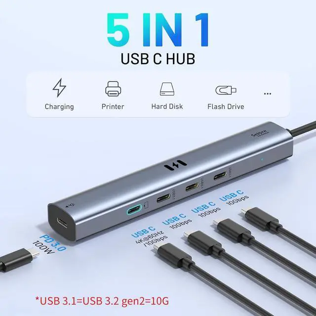 Alt view image 2 of 7 - 10Gbps USB C Hub with 4K@60Hz Video Display Selore 5 Ports USB-C Splitter C Port Data Transfer 100W PD-in Charging Dongle Multiport Adapter for MacBook Pro iPad HP and More