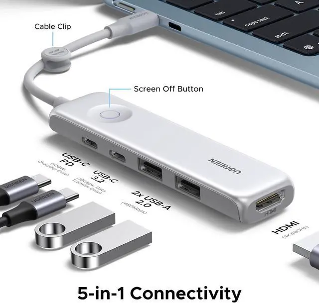 Alt view image 2 of 7 - USB C Hub 5-in-1 Revodok Slim Portable USB-C Adapter with 100W PD Charging 4K@60Hz HDMI 10Gbps USB 3.2 Data Ports Lock-Screen Button & Cable Clip for MacBook Air/Pro iPad Laptops