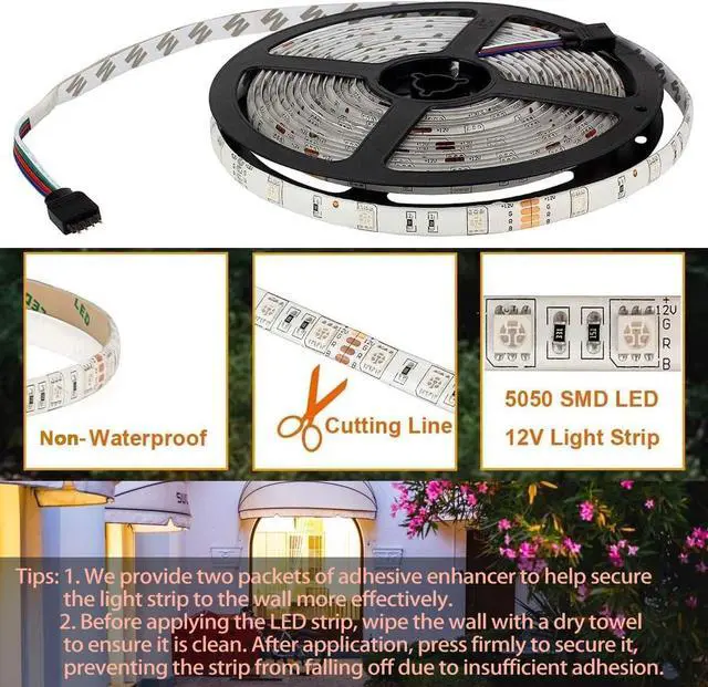 Alt view image 4 of 7 - LED Strip Lights RGB Color Changing 16.4Ft SMD5050 LEDs Flexible Light Strip Rope Lighting Kit with 44 Key Remote Controller and 12V Power Supply for Bedroom TV Backlight Christmas