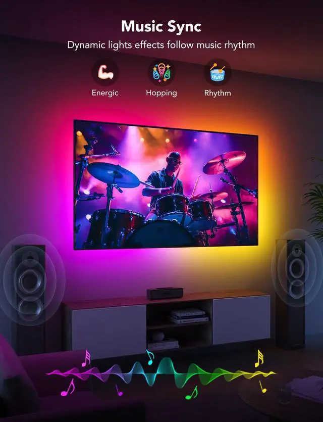 Alt view image 4 of 7 - TV LED Backlight Strip RGBIC Smart LED Backlight for 40-50inch TVs Music Sync Wi-Fi Bluetooth & App Control Works with Alexa & Google Assistant 77 Scene Modes Adapter
