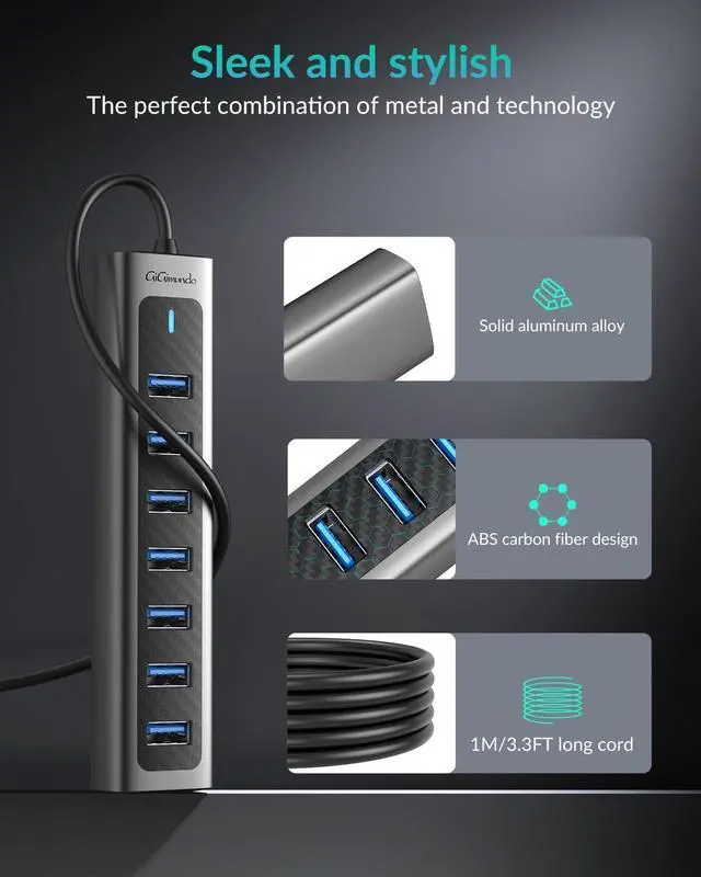 Alt view image 2 of 7 - USB 3.0 Hub 7-Port USB Extender Hub with 3.3FT Long Cable USB Splitter Aluminum High-Speed 5Gbps USB Hub for PC Laptop Desktop Computer XPS(Gray 1M)