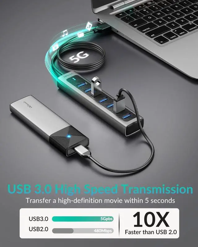 Alt view image 6 of 7 - USB 3.0 Hub 7-Port USB Extender Hub with 3.3FT Long Cable USB Splitter Aluminum High-Speed 5Gbps USB Hub for PC Laptop Desktop Computer XPS(Gray 1M)