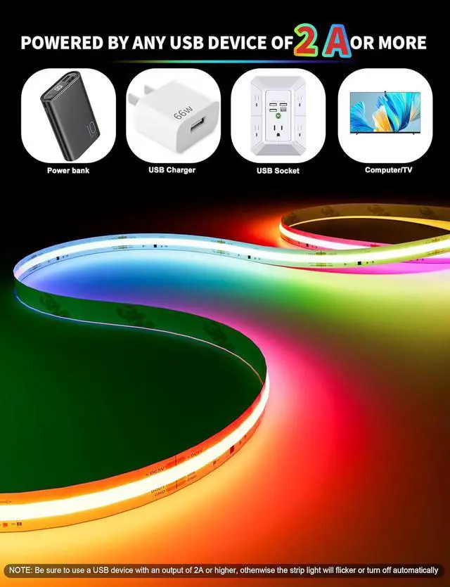 Alt view image 6 of 7 - RGB Smart IC COB LED Strip Light USB 5V 6.56ft/2m Work with Alexa/Google Assistant Color Chasing UL-Listed Multicolor Flexible Tape LED Strip Light for Cabinet TV Bedroom Party DIY Decoration
