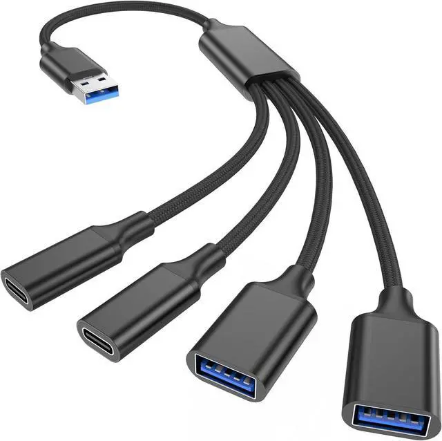 Main image of USB Splitter Cable 1 in 4 Out 2 USB A & 2 USB C Multiport Extender Hub 1FT | USBA Male to Four Female Extension Cord Data Power Charger Split for Car Laptop Mac Etc