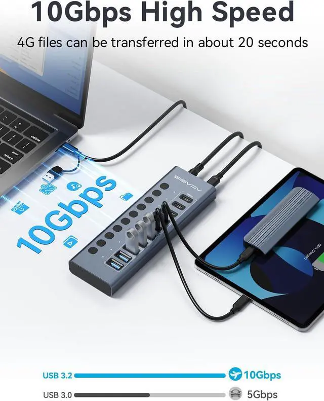 Alt view image 3 of 7 - Powered USB 3.2 Hub 10 Ports USB 3.2 Hub(5 USB-A 3.2 Ports+5 USB-C 3.2 Ports) Aluminum USB Hub Powered with 48W Power Adapter USB Hub for PC/Laptop Computer Flash Drive Printer Camera
