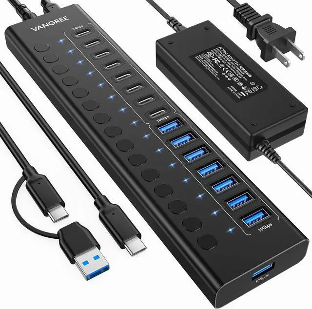 Main image of Powered USB Hub 3.2 Gen 2 16 Ports USB Hub (8 USB-A 3.2+8 USB-C 3.2) 10Gbps Aluminum Multiport Expansion Hub with 96W Power Adapter for PC Laptop HDD Flash Drive
