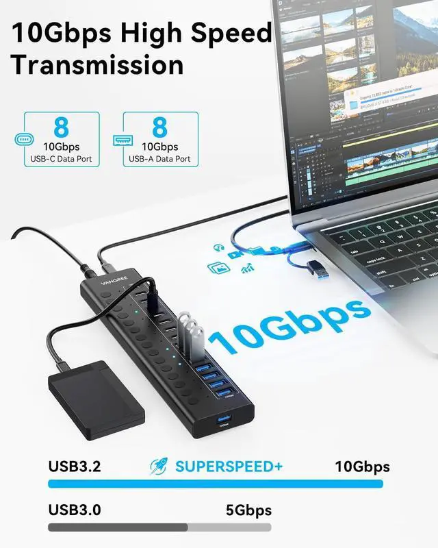 Alt view image 3 of 7 - Powered USB Hub 3.2 Gen 2 16 Ports USB Hub (8 USB-A 3.2+8 USB-C 3.2) 10Gbps Aluminum Multiport Expansion Hub with 96W Power Adapter for PC Laptop HDD Flash Drive