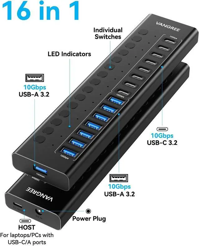 Alt view image 2 of 7 - Powered USB Hub 3.2 Gen 2 16 Ports USB Hub (8 USB-A 3.2+8 USB-C 3.2) 10Gbps Aluminum Multiport Expansion Hub with 96W Power Adapter for PC Laptop HDD Flash Drive