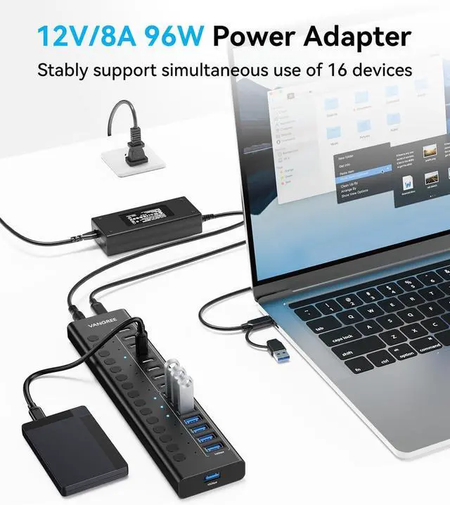 Alt view image 4 of 7 - Powered USB Hub 3.2 Gen 2 16 Ports USB Hub (8 USB-A 3.2+8 USB-C 3.2) 10Gbps Aluminum Multiport Expansion Hub with 96W Power Adapter for PC Laptop HDD Flash Drive