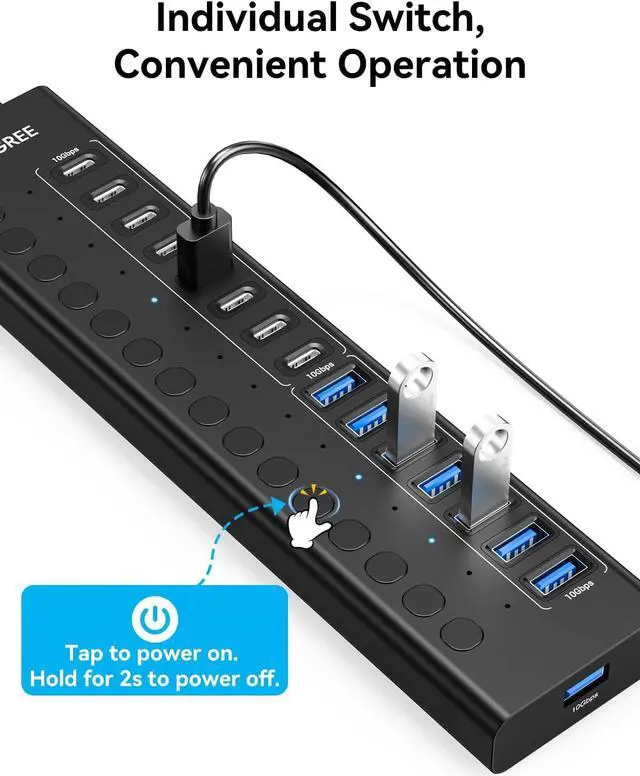 Alt view image 5 of 7 - Powered USB Hub 3.2 Gen 2 16 Ports USB Hub (8 USB-A 3.2+8 USB-C 3.2) 10Gbps Aluminum Multiport Expansion Hub with 96W Power Adapter for PC Laptop HDD Flash Drive