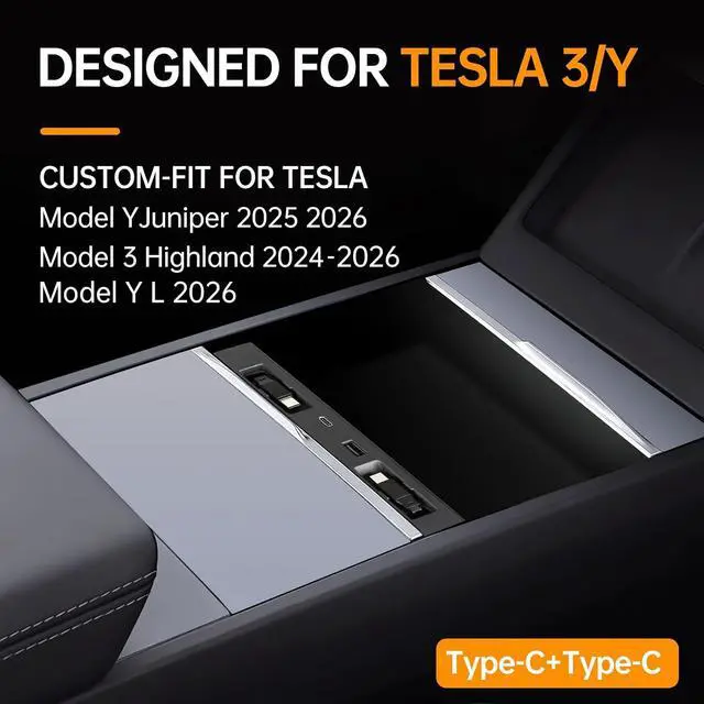 Alt view image 2 of 6 - USB Hub for Tesla Model Y Juniper 3 Highland Y L with Dual Type-C | Fits Model Y Juniper 2025 2026 Model 3 Highland 2024-2026 Y L 117W 4-in-1 Center Console Docking Station with Sunken Design