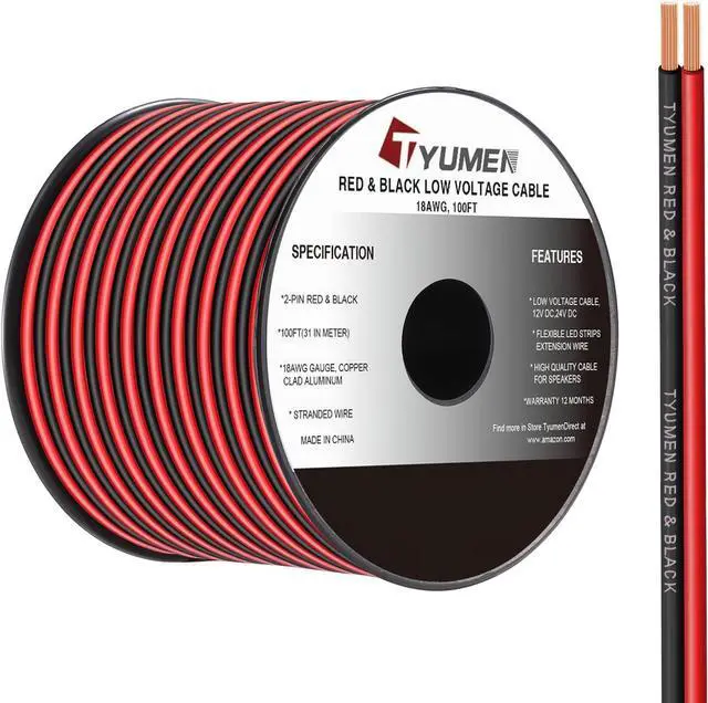 Main image of TYUMEN 18 Gauge Wire 100FT 18/2 AWG Red Black Hookup Electrical Wire LED Strips Extension Cord 12V/24V DC Cable 18AWG 2 Conductors Flexible Wire for LED Ribbon Lamp Tape Lighting