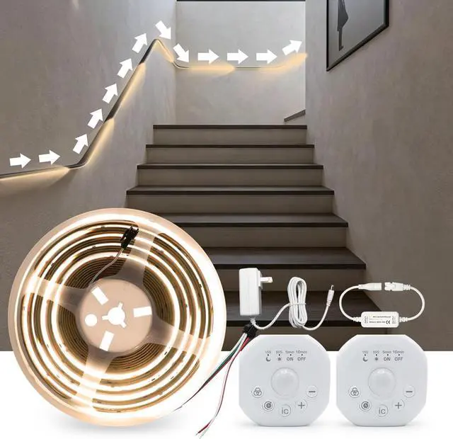 Main image of 2 Motion Sensor Indoor COB LED Stair Light Strip with Timer & Scene Change Delay Button Dual Sensor Handrail Stair Lights Mini LED Controller for Hallway & Walkway (Warm White-3000K 32.8FT)