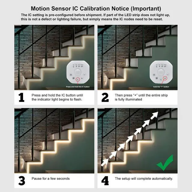 Alt view image 2 of 7 - 2 Motion Sensor Indoor COB LED Stair Light Strip with Timer & Scene Change Delay Button Dual Sensor Handrail Stair Lights Mini LED Controller for Hallway & Walkway (Warm White-3000K 32.8FT)
