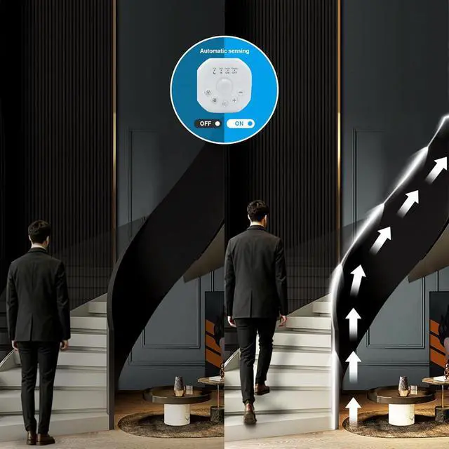 Alt view image 3 of 7 - 2 Motion Sensor Indoor COB LED Stair Light Strip with Timer & Scene Change Delay Button Dual Sensor Handrail Stair Lights Mini LED Controller for Hallway & Walkway (Warm White-3000K 32.8FT)
