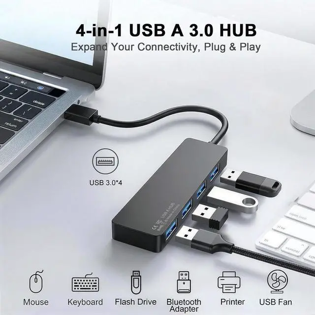 Alt view image 2 of 7 - USB 3.0 Hub 4-Port Multiple USB A Splitter Plug and Play USB Extender Hub for Laptop/PC/Desktop Mouse Keyboard Flash Drive U Disk Printer Xbox HDD and More 0.8FT (Not a Charger)