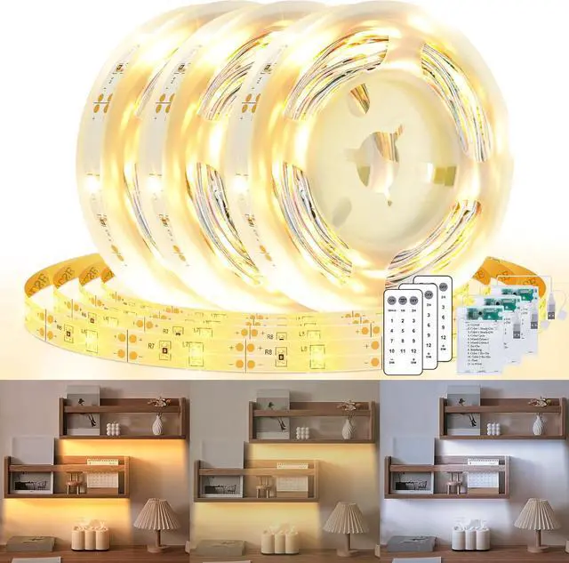 Main image of 3 Pack 3.3FT Battery Powered LED Strip Lights with Remote Timer 2700K-6000K Tunable White LED Cabinet Lights Self-Adhesive Dimmable USB LED Strip Lights with12 Modes for Kitchen Bookshelf Cupboard