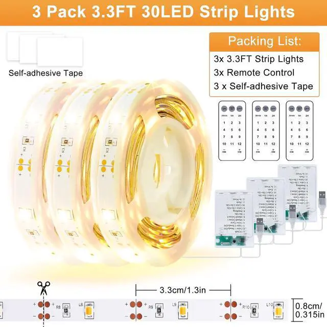 Alt view image 4 of 7 - 3 Pack 3.3FT Battery Powered LED Strip Lights with Remote Timer 2700K-6000K Tunable White LED Cabinet Lights Self-Adhesive Dimmable USB LED Strip Lights with12 Modes for Kitchen Bookshelf Cupboard
