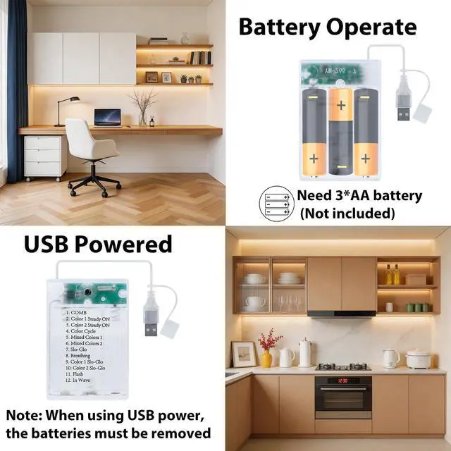 Alt view image 5 of 7 - 3 Pack 3.3FT Battery Powered LED Strip Lights with Remote Timer 2700K-6000K Tunable White LED Cabinet Lights Self-Adhesive Dimmable USB LED Strip Lights with12 Modes for Kitchen Bookshelf Cupboard