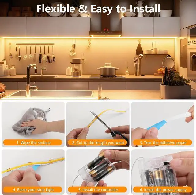 Alt view image 5 of 7 - Battery Powered COB LED Strip Lights 3.28ft Warm White LED Light Strip for Dorm Room Under Bed Shelves TV Backlight Closet Small Cuttable Tape Lights Small Battery Operated LED Lights for TV