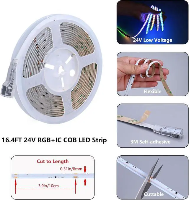 Alt view image 3 of 7 - RGB+IC COB LED Strip 16.4ft WS2811 24V Addressable Color Changing Multicolor RGB LED Tape Lights Kit for Bedroom Gaming Room Party Lights