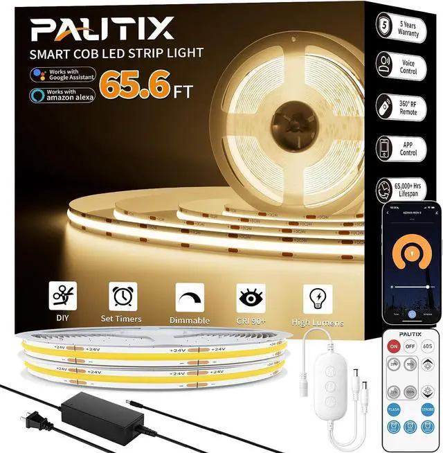 Main image of COB LED Strip Light 65.6ft/20m Work with Alexa/Google Assistant 9600 LEDs Warm White 3000K CRI93+ Super Bright High Lumen Dimmable 24V Flexible LED Light Strip for Bedroom Ceiling Office DIY