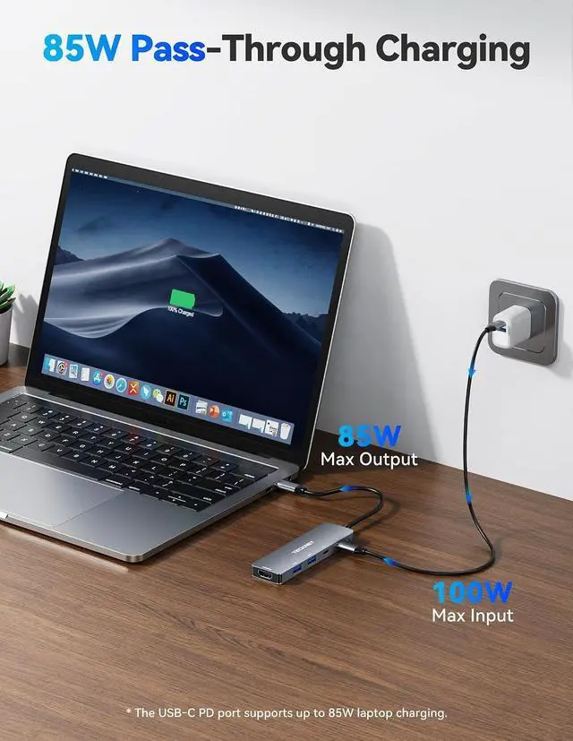 Alt view image 5 of 7 - USB C Hub 4K@60Hz 5-in-1 USBC to HDMI Adapter with 100W Power Delivery USB-C/USB-A 3.0 Data Ports HDMI to USB C Multiport Adapter for MacBook iPad iPhone Nintendo Switch Deck USB Hub